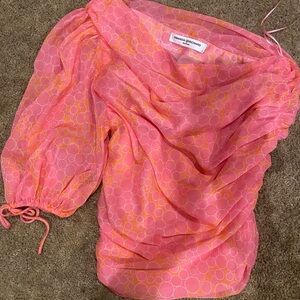 One Sleeve off the Shoulder Orange and Pink Sheer Women's Top y2k blouse